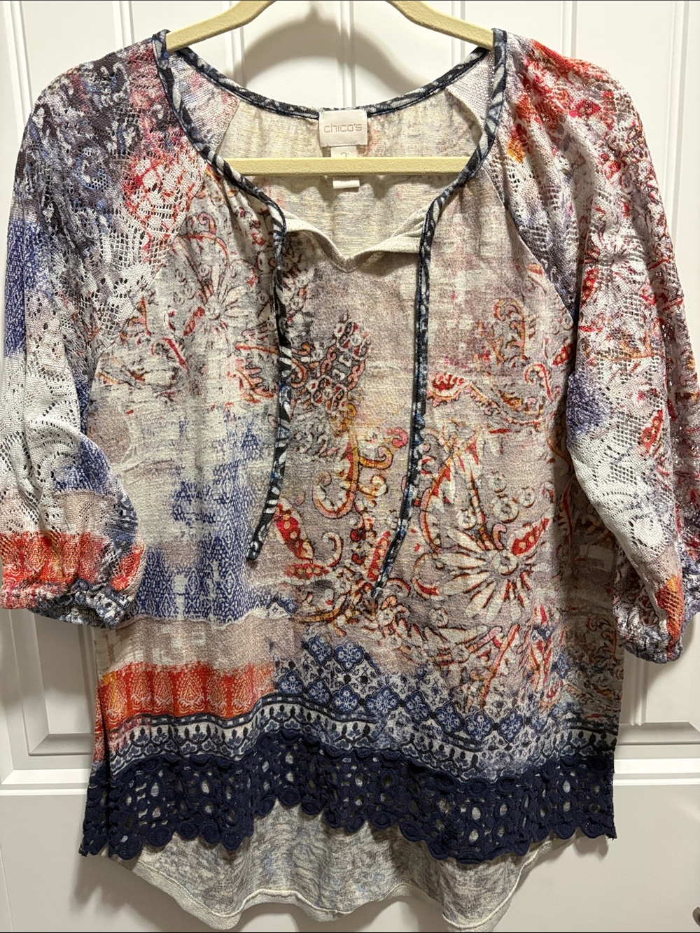 Chico’s Size 2 Paisley Lace Tunic Top High Low Boho 3/4 Sleeve